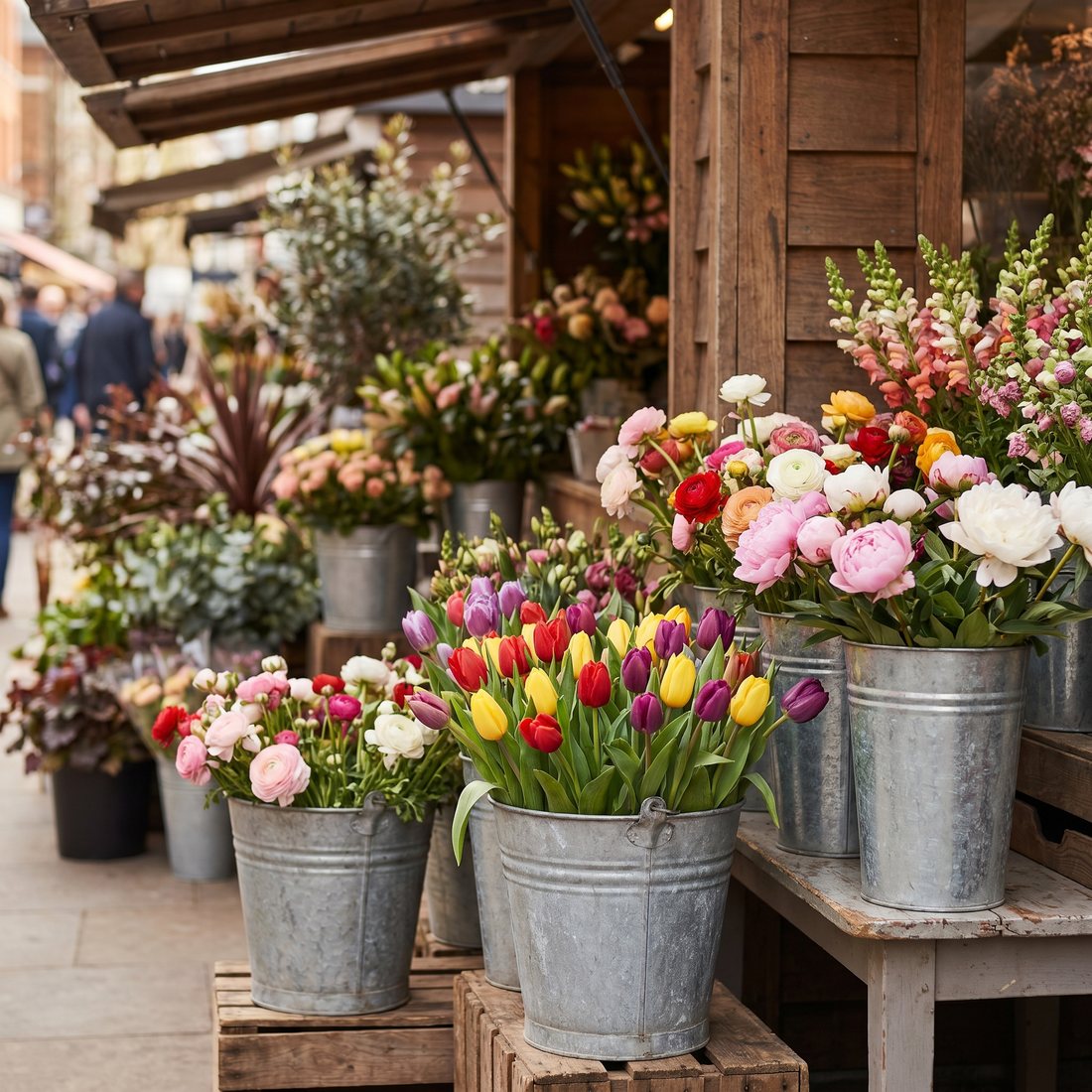 Zinken emmers vol kleurrijke tulpen en pioenrozen bij de kiosk