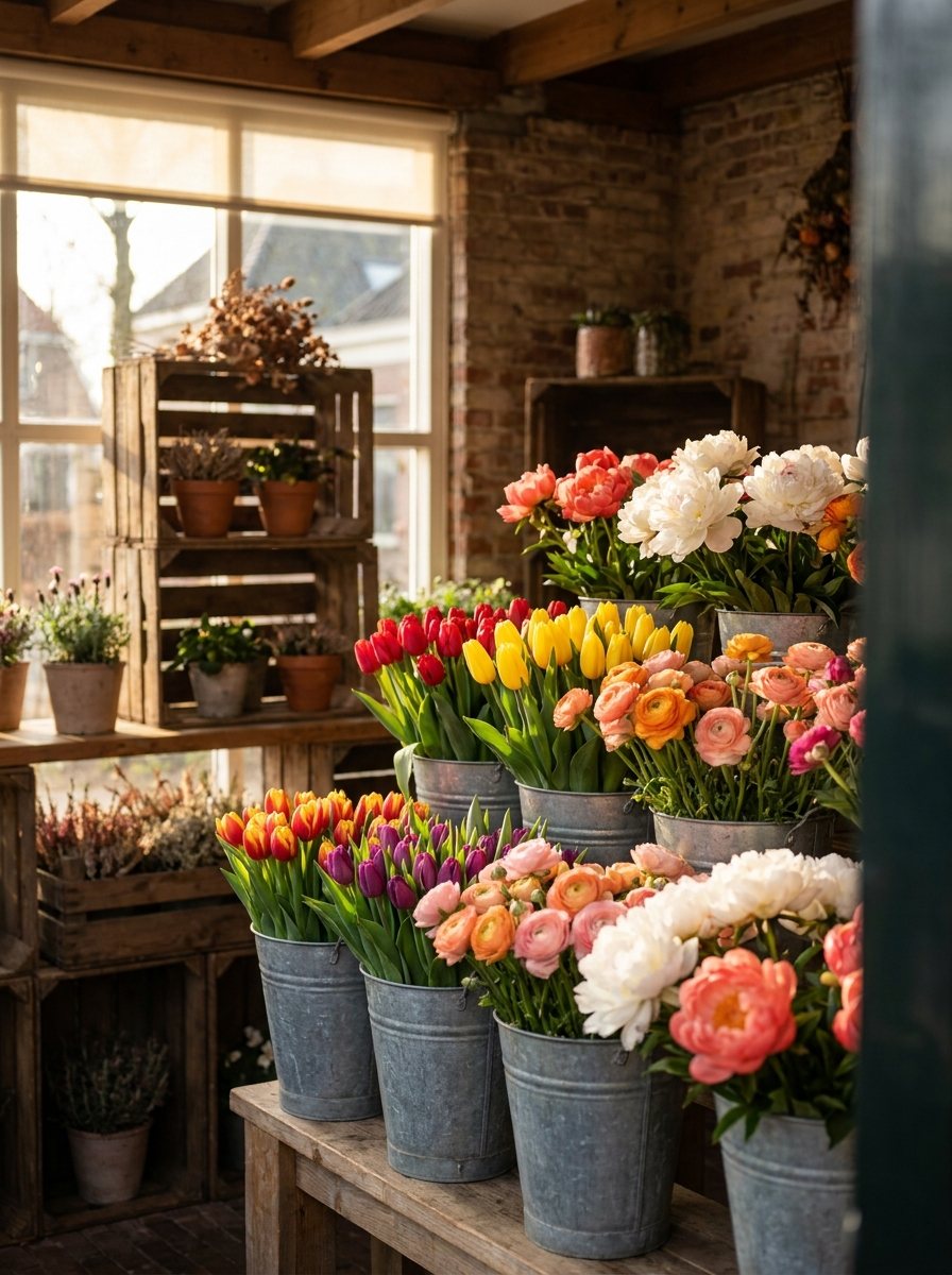Zinken emmers vol kleurrijke tulpen, ranonkels en pioenrozen in een gezellige bloemenwinkel