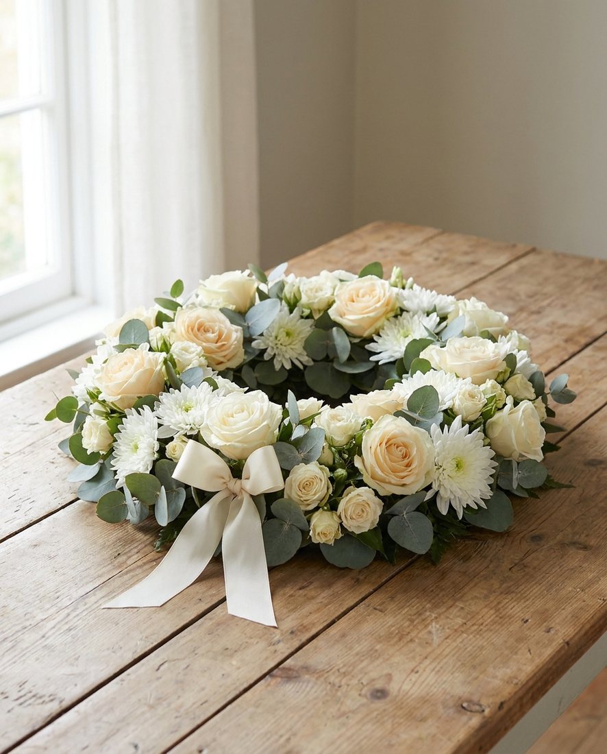 Waardig rouwstuk van witte rozen en chrysanten