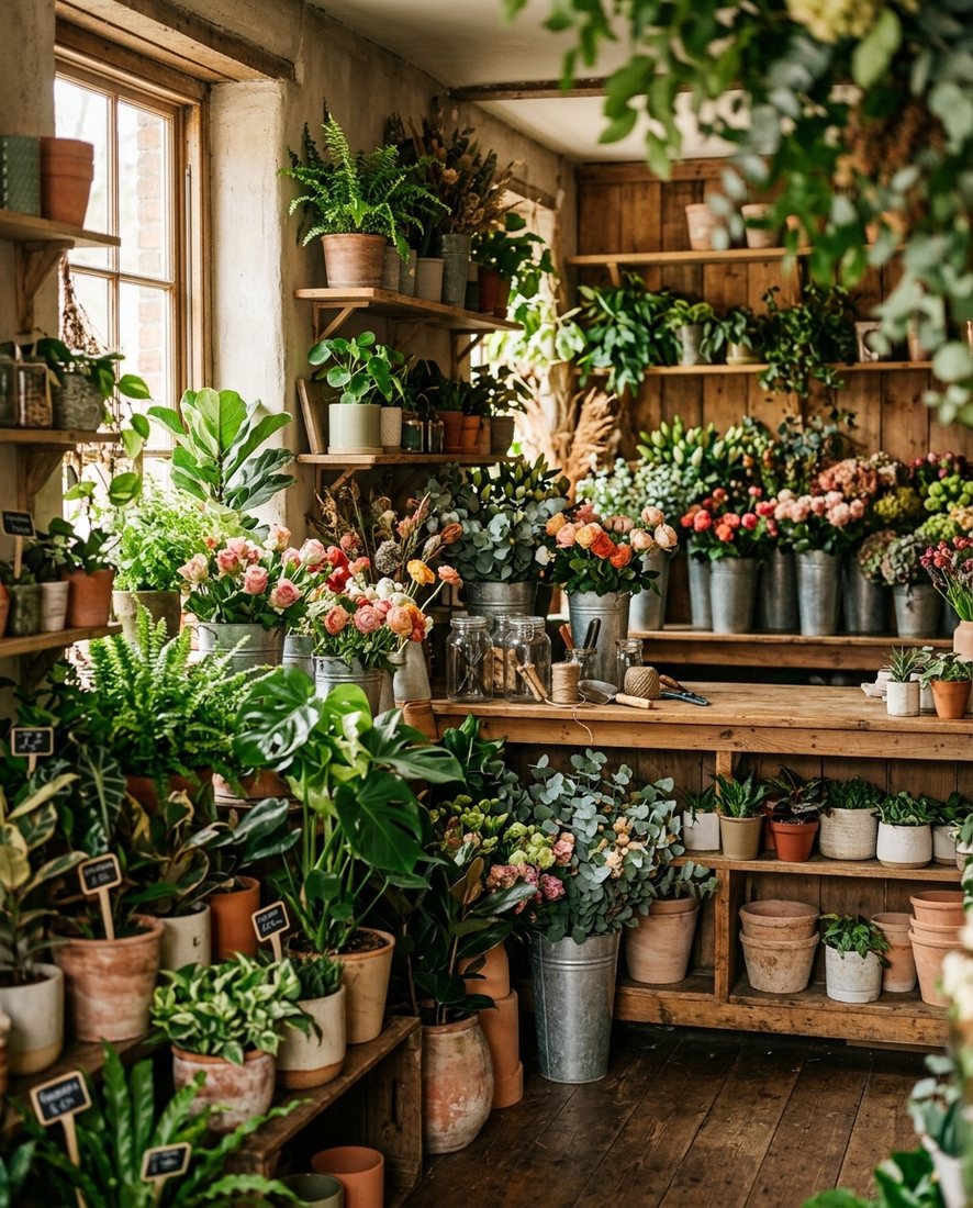 Gezellig interieur van de bloemenwinkel met houten schappen vol verse boeketten en planten